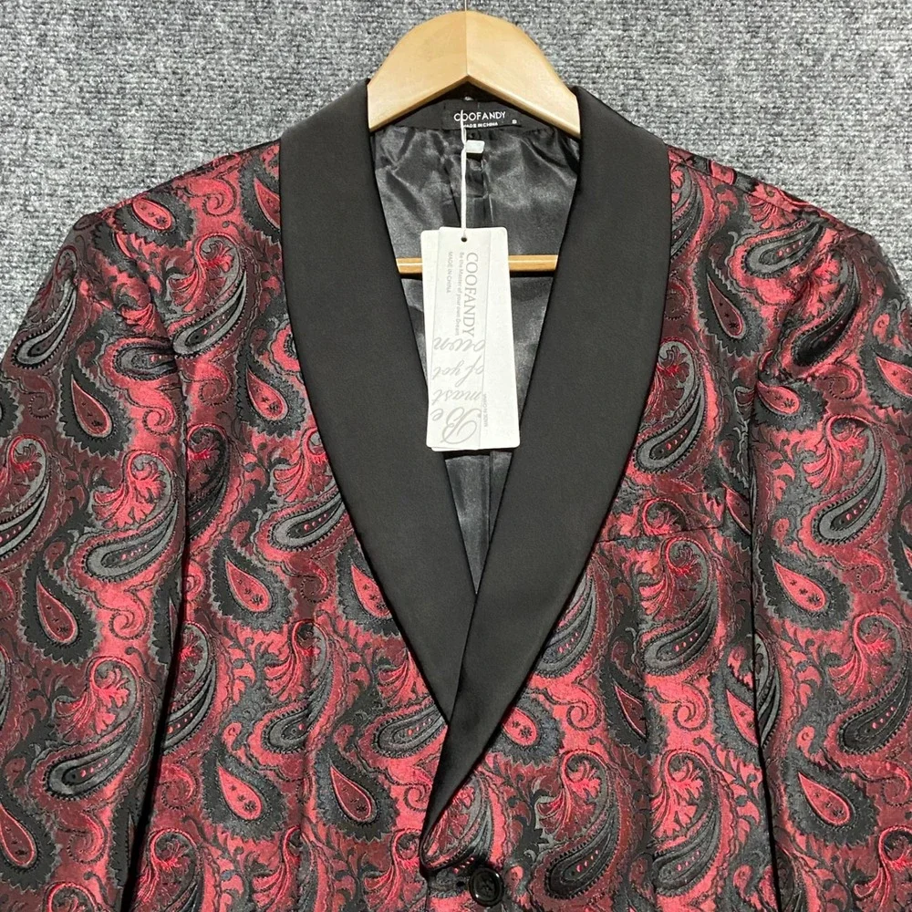 Coofandy Mens Red Black Paisley Tuxedo‎ Blazer Shawl Lapel Dinner Jacket S NEW